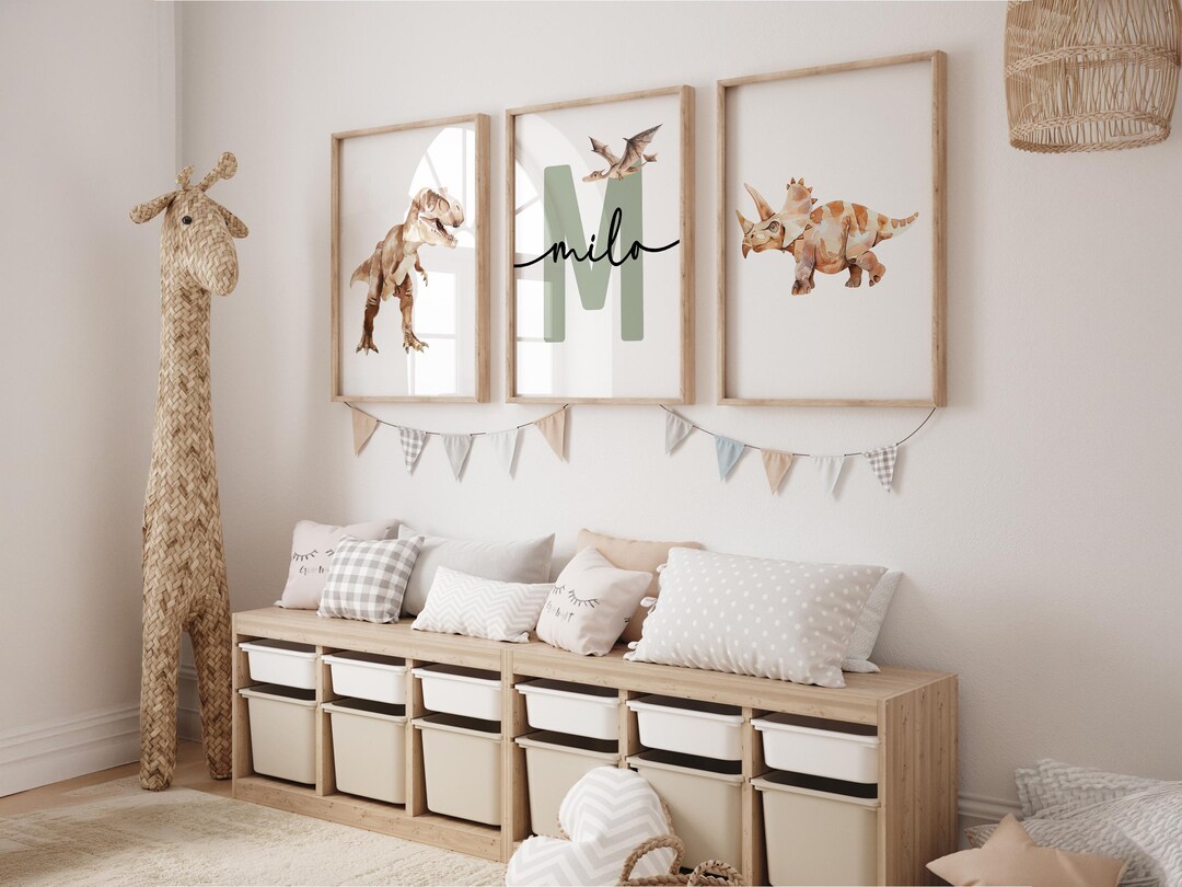 Personalized Dinosaur Nursery Wall Art Printable, Custom Initial & Name ...