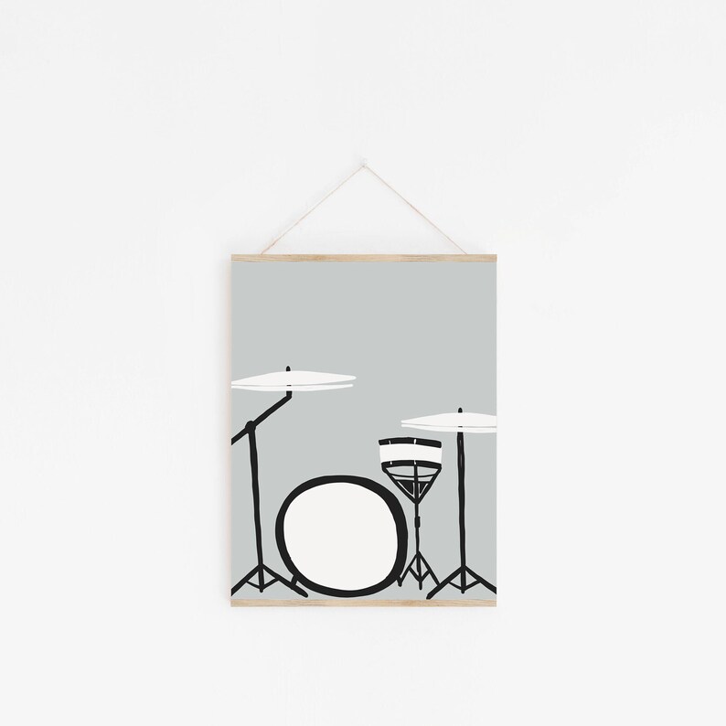 May include: A black and white illustration of a drum set on a light gray background. The drum set includes a bass drum, a snare drum, and two cymbals.