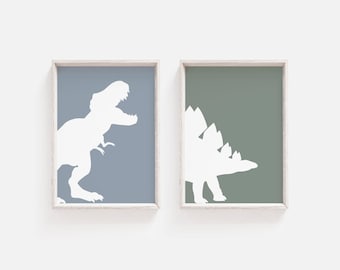 Tyrannosaurus rex, Stegosaurus, Juego de 2 impresiones, decoración de dinosaurios, arte de pared de habitación de niños, impresiones de dinosaurios, imprimibles de guardería