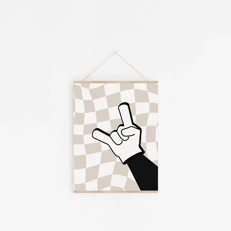 May include: A black and white illustration of a hand giving the rock and roll hand gesture. The hand is on a beige and white checkered background.