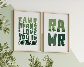 Set of 2 Dinosaur Prints, Dinosaurs Wall Art, Dinosaur Decor, Green Color Palette, Rawr Poster, Boy Room Decor, Instant Download