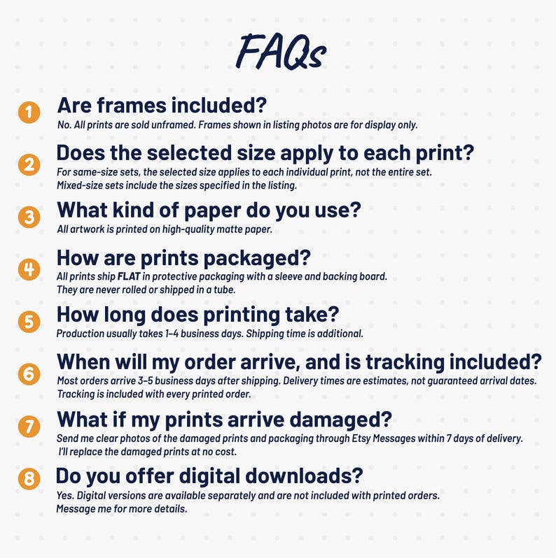 Puede incluir: Un gr&aacute;fico informativo titulado FAQs con ocho c&iacute;rculos naranjas numerados. El texto responde a preguntas frecuentes sobre impresiones sin marco, calidad del papel, embalaje, tiempos de producci&oacute;n y descargas digitales.