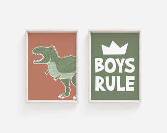 Conjunto de 2 dino imprimibles, arte de pared de sala de juegos, T-Rex, regla de niños, decoración de pared de guardería, arte de pared de dinosaurio, decoración de pared de sala de juegos