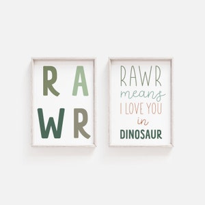 Conjunto de dos impresiones RAWR, decoración de pared de dinosaurios, impresiones de dinosaurios, RAWR significa "Te amo" en dinosaurio, descarga digital
