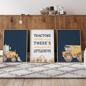 Tractor and Truck Prints, Boy Bedroom Wall Art, Construction Nursery, Watercolor Artwork, Kids Wall Decor Set of 3 Prints, Digital Download image 1