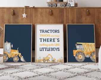 Tractor and Truck Prints, Boy Bedroom Wall Art, Construction Nursery, Watercolor Artwork, Kids Wall Decor Set of 3 Prints, Digital Download