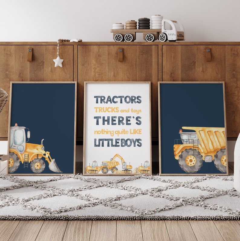 Tractor and Truck Prints, Boy Bedroom Wall Art, Construction Nursery, Watercolor Artwork, Kids Wall Decor Set of 3 Prints, Digital Download image 1