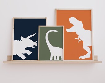 Dinosaur Art Prints: Navy, Green & Orange Nursery Decor (Digital Download)