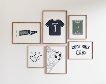 Impresiones de fútbol, conjunto de 6 carteles, decoración de guardería deportiva, nombre de la camiseta, arte de la pared de la galería, arte imprimible de fútbol, descarga digital