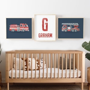Fire Truck Prints, Nursery Wall Art, Boy Room Decor, Transportation Art, Toddler Room Decor, Custom Name, Digital Downlaod