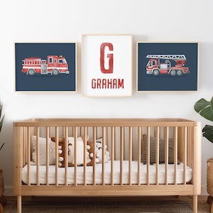 Fire Truck Prints, Nursery Wall Art, Boy Room Decor, Transportation Art, Toddler Room Decor, Custom Name, Digital Downlaod