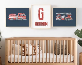 Fire Truck Nursery Art Prints: Custom Name, Transportation Decor (Digital Download)