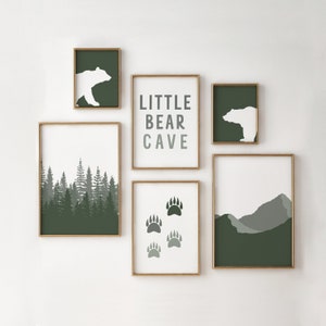 Woodland Nursery Wall Art, Rustic Mountain Nursery Prints,  Cozy Wilderness Art, Bear Wall Art, Forest Prints, Bear Paws, Little Bear Cave