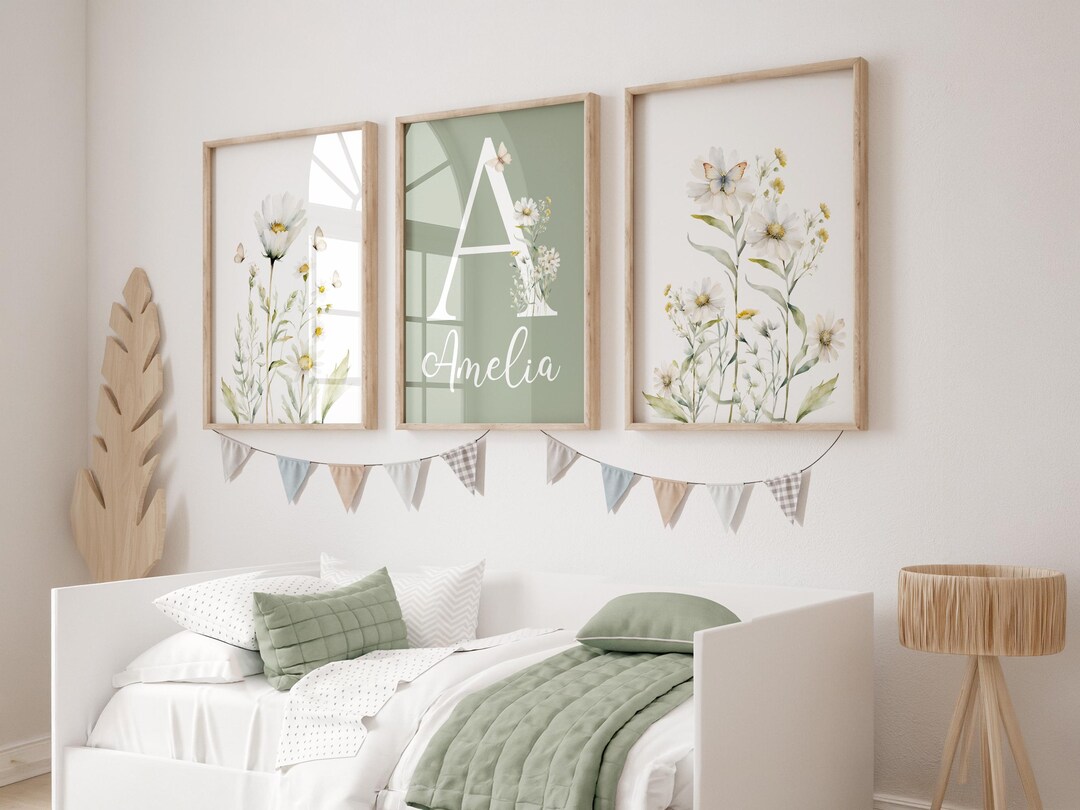 Custom Name Floral Nursery Wall Art Set of 3 Prints - Etsy