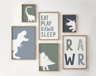 Dinosaur Gallery Wall Art, Set of 6 Prints, Dino Nursery Decor, Prints For Toddler Room, Boy Playroom Decor