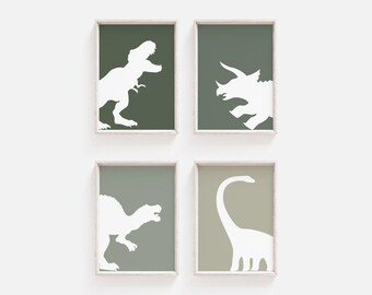 Set Of 4 Dinosaur Prints, Shades of Green, Toddler Room Wall Art, Tyrannosaurus Rex, Triceratops, Spinosaurus, Brontosaurus, Digital Files