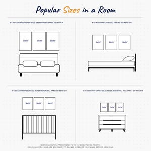 May include: A black and white infographic titled Popular Sizes in a Room showing four wall art arrangements. It displays print dimensions of 20x30, 18x24, 16x20, and 11x14 inches above furniture like beds, a crib, and a dresser with set width notes.