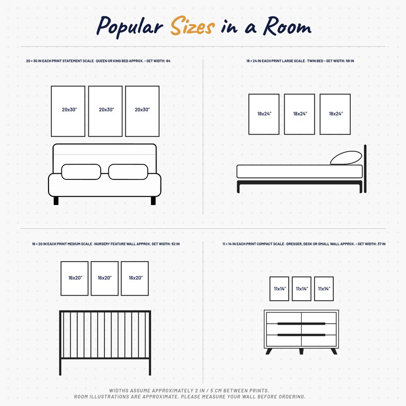 May include: A black and white infographic titled Popular Sizes in a Room showing four wall art arrangements. It displays print dimensions of 20x30, 18x24, 16x20, and 11x14 inches above furniture like beds, a crib, and a dresser with set width notes.