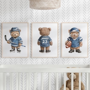 Personalized Sports Bear Nursery Wall Art, Custom Baby Boy Sports Posters, Choose Any 3-6 Prints