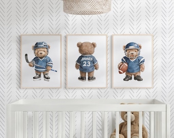 Personalized Sports Bear Nursery Wall Art, Custom Baby Boy Sports Posters, Choose Any 3-6 Prints