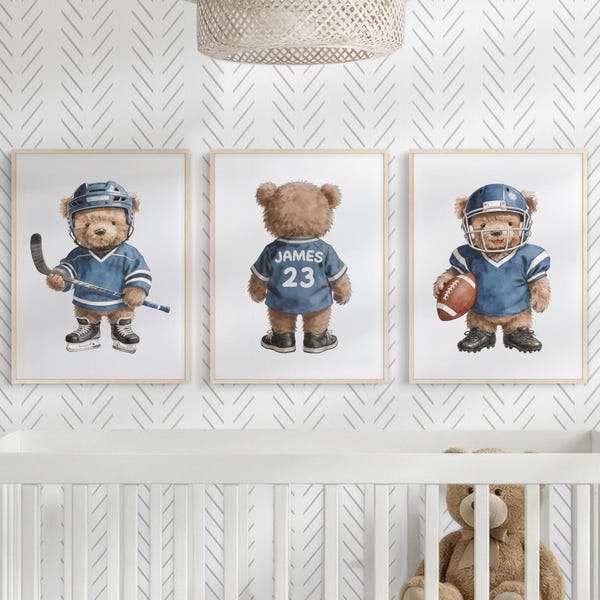 Personalized Sports Bear Nursery Wall Art, Custom Baby Boy Sports Posters, Choose Any 3-6 Prints