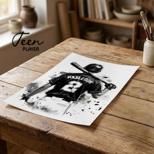 May include: A black and white art print featuring a baseball player seen from behind, wearing a jersey with the name HASLEDON and the number 2. The player holds a baseball bat over their shoulders, rendered in a stylized ink splatter aesthetic.