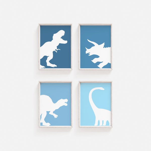 Minimalist Blue Dinosaurs, Set Of 4 Digital Prints, Toddler Room Wall Art, Tyrannosaurus Rex, Triceratops, Spinosaurus, Brachiosaurus