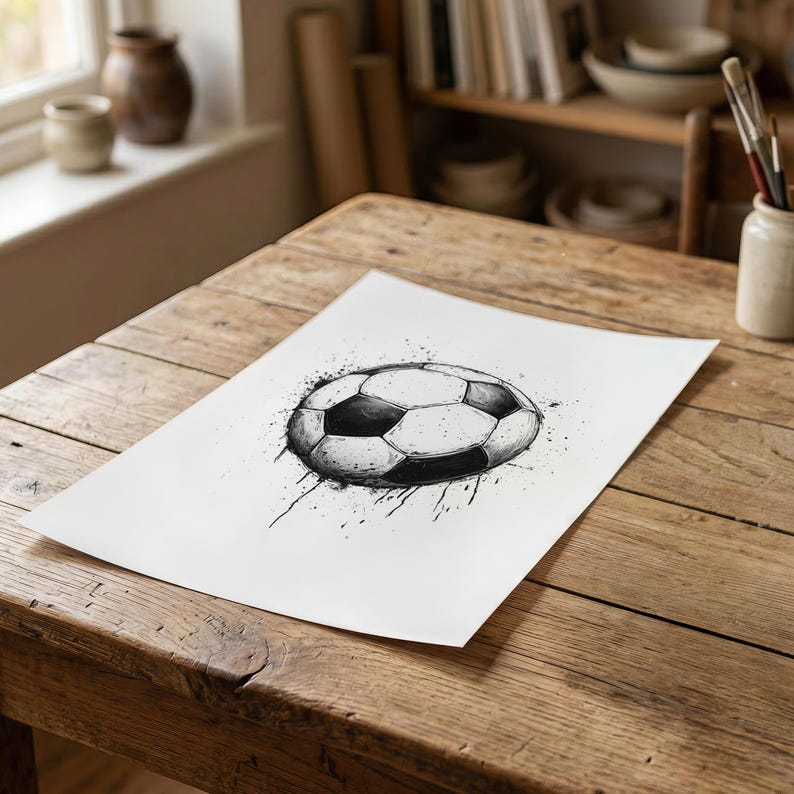 Puede incluir: Una hoja de papel rectangular blanca que presenta una ilustraci&oacute;n en tinta negra y blanca de un bal&oacute;n de f&uacute;tbol. El dibujo muestra un patr&oacute;n cl&aacute;sico de paneles hexagonales con salpicaduras y gotas de tinta art&iacute;sticas en la base.