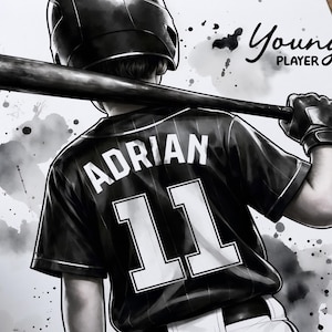 May include: A black and white illustration of a baseball player wearing a helmet and a jersey with the name ADRIAN and the number 11 on the back. The player holds a baseball bat across their shoulders. The text Young PLAYER is visible.
