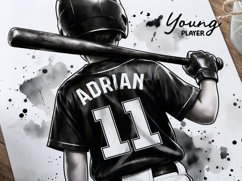 May include: A black and white illustration of a baseball player wearing a helmet and a jersey with the name ADRIAN and the number 11 on the back. The player holds a baseball bat across their shoulders. The text Young PLAYER is visible.
