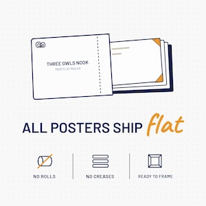 Puede incluir: Un sobre r&iacute;gido blanco con el texto THREE OWLS NOOK RIGID FLAT MAILER y un icono de b&uacute;ho. Contiene p&oacute;steres apilados con protectores de esquina naranjas. El texto dice ALL POSTERS SHIP flat, NO ROLLS, NO CREASES, READY TO FRAME.