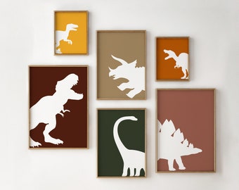 Dinosaur Digital Files Set of 6 - T-Rex, Triceratops, Stegosaurus, Spinosaurus, Velociraptor, Brachiosaurus, Kids Room Wall Art