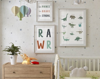 Arte de pared de dormitorio de dinosaurio, impresiones de guardería, imprimibles de Dino, decoración de pared de habitación de niños, juego de 3 imprimibles de guardería