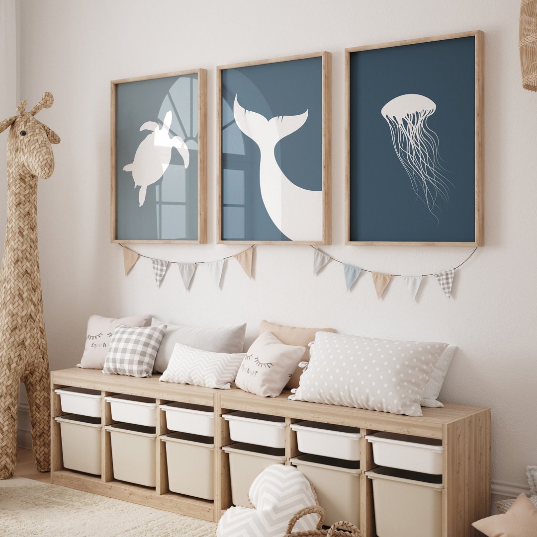 Set of 3 Sea Prints, Sea Animals Wall Art, Jellyfish Print, Whale Tale