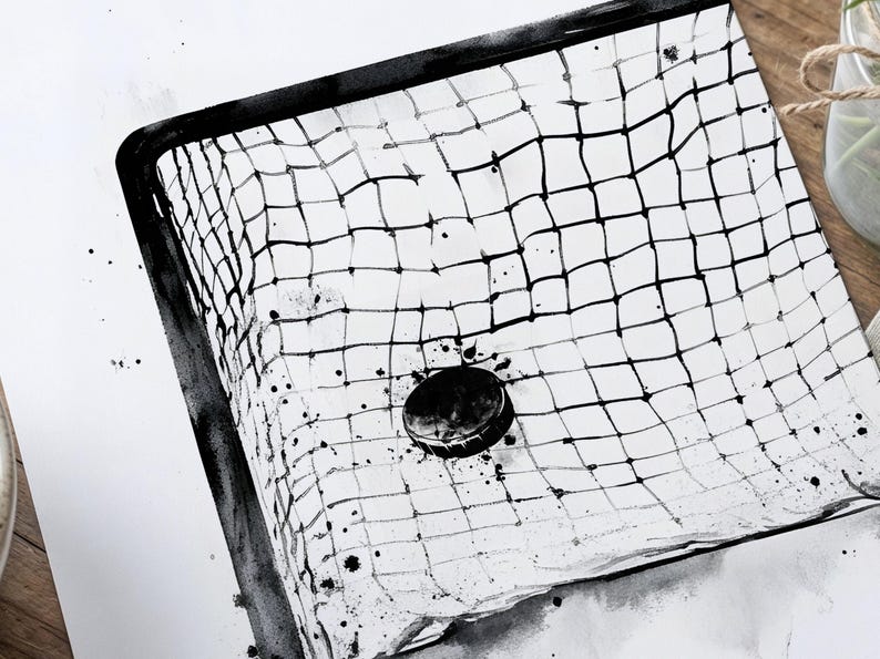 Pode incluir: Um lavat&oacute;rio quadrado de cer&acirc;mica branca com um padr&atilde;o de grelha preta pintado &agrave; m&atilde;o que lembra uma rede de h&oacute;quei. Um tamp&atilde;o de drenagem circular preto s&oacute;lido est&aacute; posicionado no centro do lavat&oacute;rio, rodeado por salpicos de tinta preta.