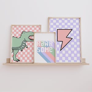Láminas artísticas de dinosaurios: Decoración rosa y morada RAWRsome (descarga digital)