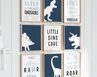 Dinosaur Prints, Boys Room Wall Decor, Dinosaur Wall Art, Nursery Printable Art, Playroom Prints, Blue Color Scheme