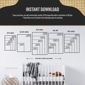 Op de afbeelding: Een grafiek met verschillende afdrukformaten voor digitale downloads van afbeeldingen. De grafiek toont de afmetingen in inches en centimeters voor elke maat. De tekst "Direct downloaden" staat bovenaan de grafiek. De tekst "Babybed 52 inch (132 cm) breed" staat onder de grafiek.