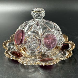 US Glass Cromwell Knobby Bulls Eye Moon Stars Ruby Gold Trim Domed Butter Dish