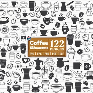 Pacchetto SVG di 122 sagome di caffè / Silhouette / File di taglio / Clipart / Stampabile / Vettore / Decalcomania / Stencil / File digitale / Download istantaneo
