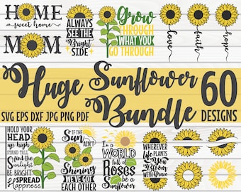 Könnte beinhalten: Ein digitales Download-Paket mit 60 Sonnenblumen-Designs im SVG-, EPS-, DXF-, JPG-, PNG- und PDF-Format. Die Designs zeigen Sonnenblumen, inspirierende Zitate und Sätze wie "Home Sweet Home", "Always See the Bright Side", "Grow Through What You Go Through", "Hold Your Head Up High", "If the Sun Ain't Shining We've Got Each Other", "In a World Full of Roses Be a Sunflower", and "Wherever Life Plants You Bloom With Grace".