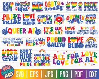 May include: A collection of 20 colorful digital designs featuring LGBTQ+ pride slogans and phrases. The designs include phrases like "Gay Lives Matter", "Love Has No Gender", "It's Ok To Be Gay", "Love Is Blind", and "All For Love, Love For All".