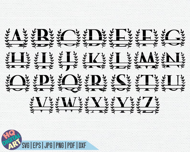 May include: Black and white alphabet letters with a laurel wreath design. Each letter has a horizontal line through the middle for adding a name or text.