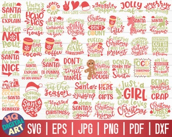 May include: A collection of 36 Christmas-themed SVG cut files featuring various phrases and designs. The designs are in red, green, and white with a festive holiday theme.