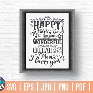 May include: A black and white printable design with the text "Happy Mother's Day to the most Wonderful Woman in my life Mom I love you".
