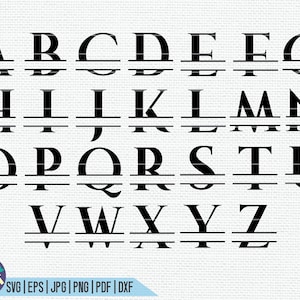 May include: A set of uppercase letters of the alphabet in a bold, sans-serif font. Each letter is split in half by a horizontal line.