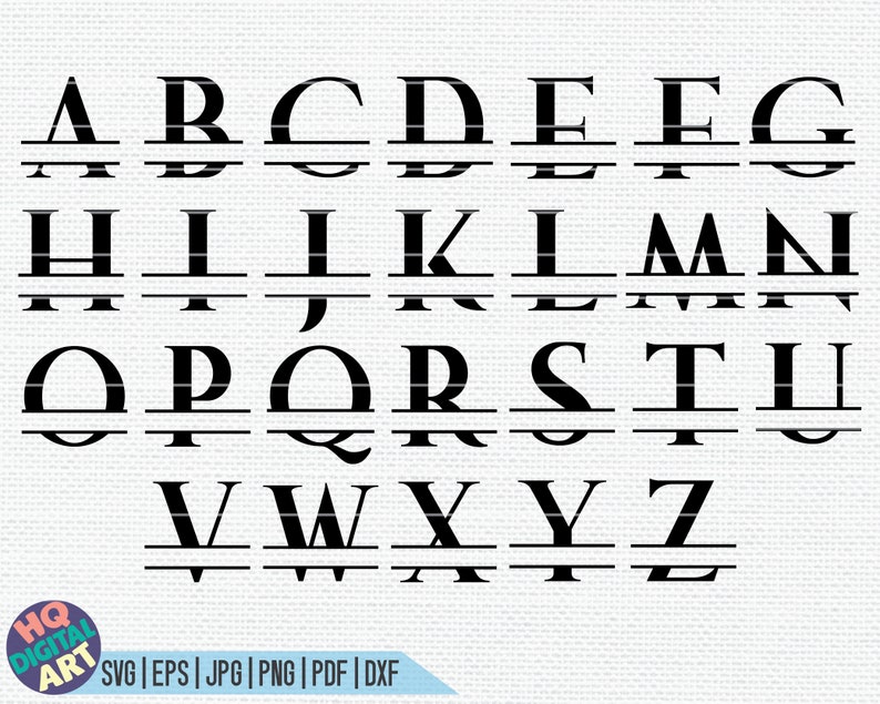 May include: A set of uppercase letters of the alphabet in a bold, sans-serif font. Each letter is split in half by a horizontal line.