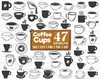 May include: A set of 47 black and white coffee cup designs. The designs are in various styles, including simple outlines, filled-in shapes, and stylized illustrations. The text "Coffee Cups 47 Designs" is displayed in a brown rectangle.