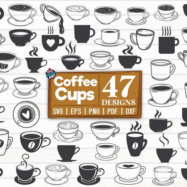 47 Coffee Cups SVG Bundle / Silhouette / Cut File / Clipart / Printable / Vector | Decal | Stencil | Digital File | Instant Download