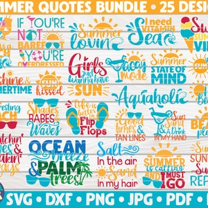 K&ouml;nnte beinhalten: Ein digitaler Download von 25 Sommer-Zitaten und -Spr&uuml;chen. Die Designs zeichnen sich durch eine Vielzahl von Farben und Schriftarten aus, darunter S&auml;tze wie "Sunshine & Summertime", "Ocean Breeze & Palm Trees" und "Sweet Summer Vibes".